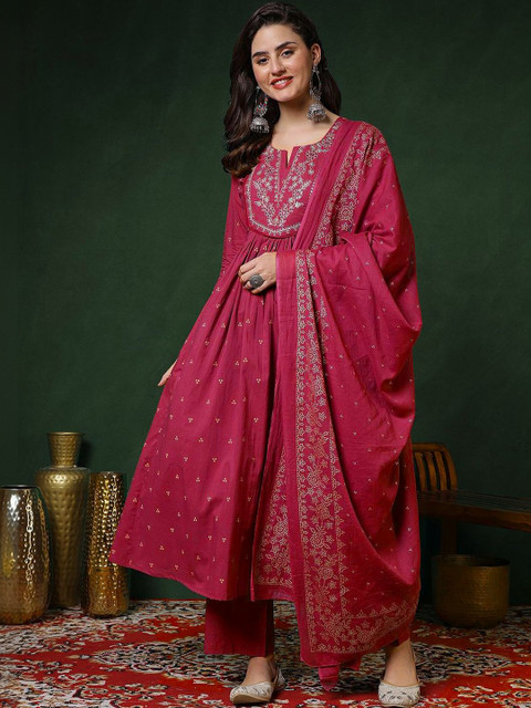 PARTHVI Ethnic Motifs Embroidered Pure Cotton Kurta with Trousers & With Dupatta