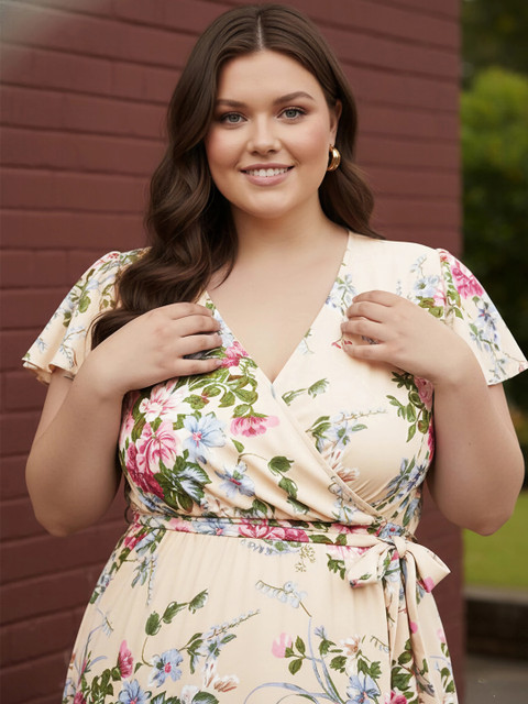 Berrylush Curve Plus Size Beige Floral Printed Flutter Sleeves Belted Maxi Dress - Image 2