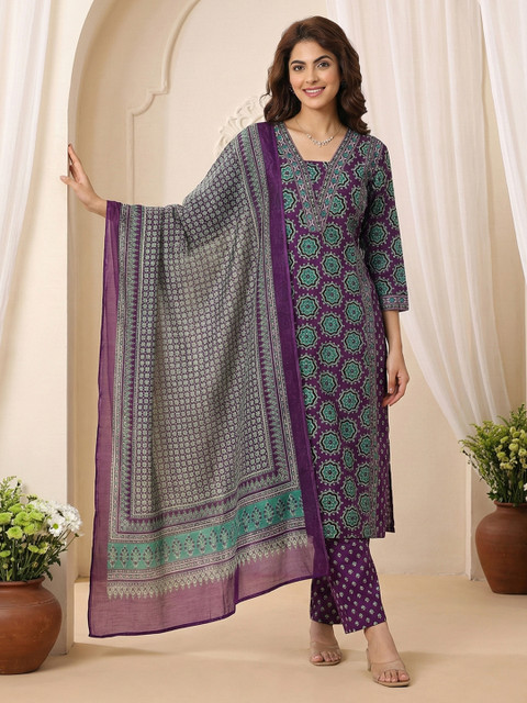 Anouk Women Ethnic Motifs Printed Regular Pure Cotton Kurta with Trousers & With Dupatta - Image 5