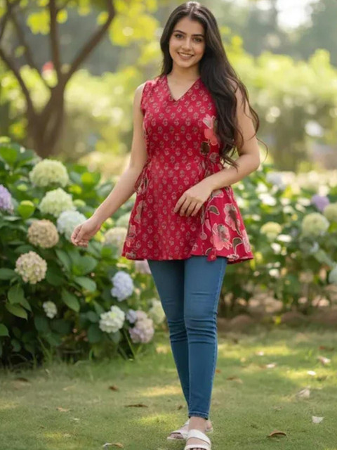 MF ERA Floral Printed V-Neck Pure Cotton Kurti