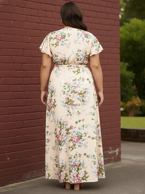 Berrylush Curve Plus Size Beige Floral Printed Flutter Sleeves Belted Maxi Dress - Image 4