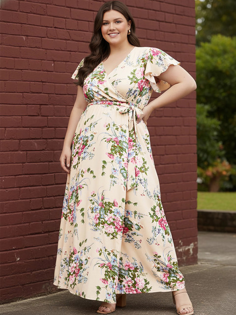 Berrylush Curve Plus Size Beige Floral Printed Flutter Sleeves Belted Maxi Dress