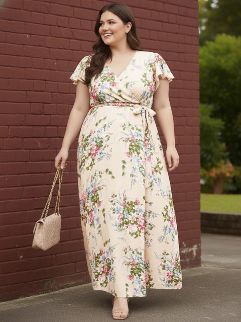 Berrylush Curve Plus Size Beige Floral Printed Flutter Sleeves Belted Maxi Dress - Image 6