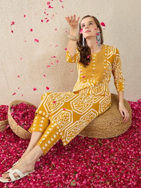 Indo Era Printed Round Neck Three-Quarter Sleeves Pure Cotton Tunic And Trousers