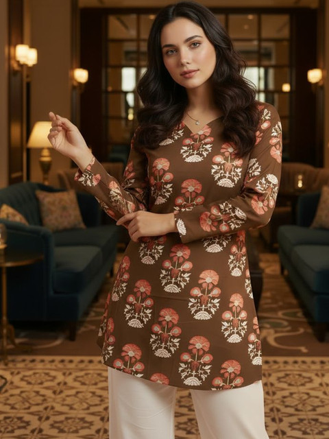 Anouk Rustic Botanical Printed V-Neck Pure Cotton Kurti