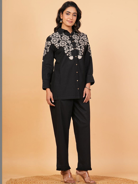KALPARUN Embroidered Shirt Collar Shirt & Trousers Co-Ords