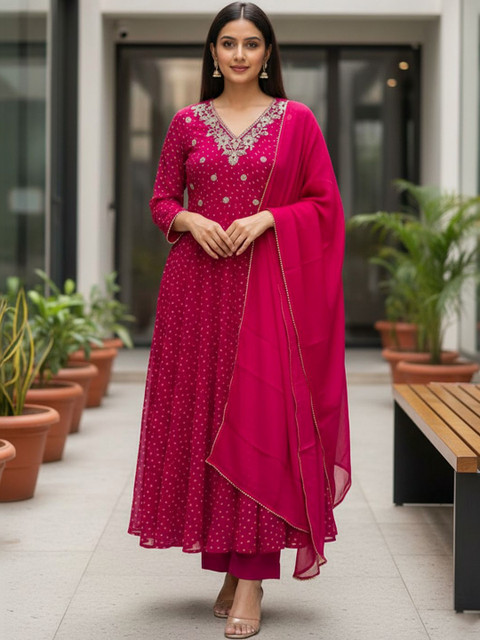 Indo Era Women Ethnic Motifs Printed Panelled Thread Work Kurta with Trousers & With Dupatta