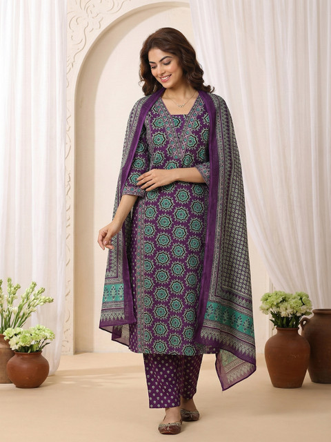 Anouk Women Ethnic Motifs Printed Regular Pure Cotton Kurta with Trousers & With Dupatta - Image 4