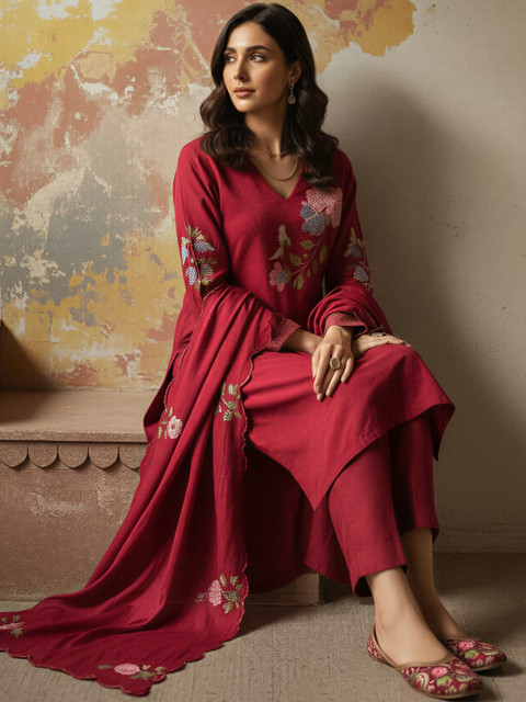 KALINI Women Floral Embroidered Thread Work Chanderi Silk Kurta with Trousers & Dupatta