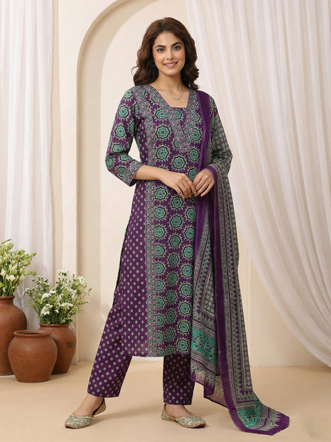 Anouk Women Ethnic Motifs Printed Regular Pure Cotton Kurta with Trousers & With Dupatta - Image 6