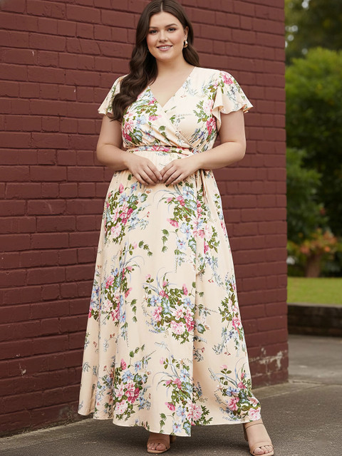 Berrylush Curve Plus Size Beige Floral Printed Flutter Sleeves Belted Maxi Dress - Image 5
