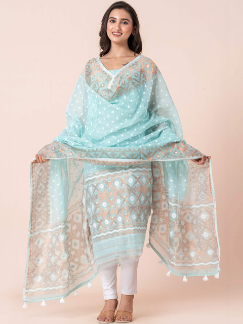 Durga Handlooms Jamdani Unstitched Cotton Zari Kurti with Dupatta