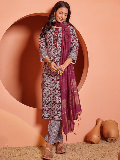 PITRIS Women Ethnic Motifs Printed Regular Thread Work Kurta with Trousers & With Dupatta