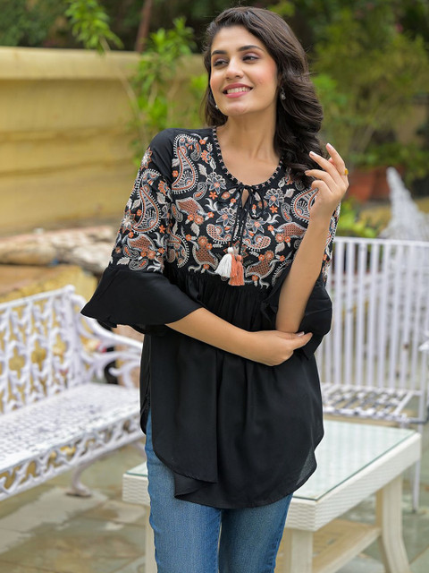 Anouk Rustic Embroidered Tie-Up Neck Bell Sleeve Ethnic Top