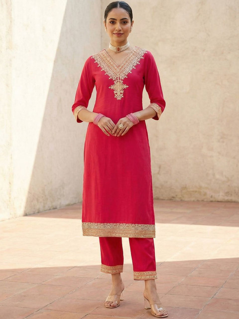 Indo Era Embroidered V-Neck Tunic & Trousers Co-Ords