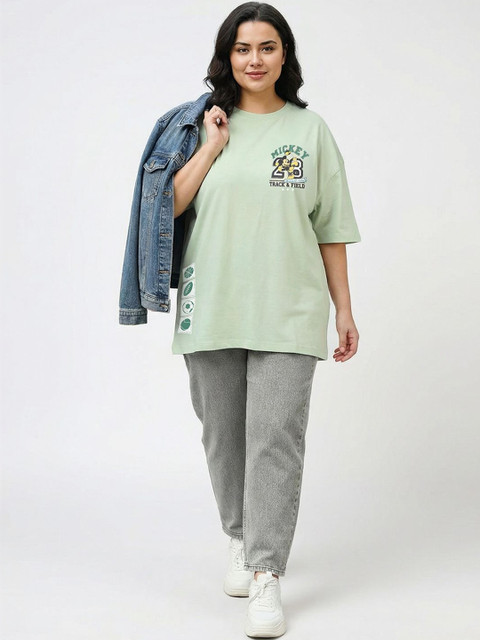 Bewakoof Plus Size Official Disney Merchandise Women Green Printed Oversized T-shirt - Image 5