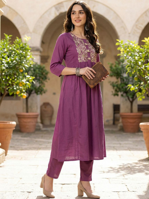 Indo Era Embroidered Round Neck Tunic & Trousers Co-Ords