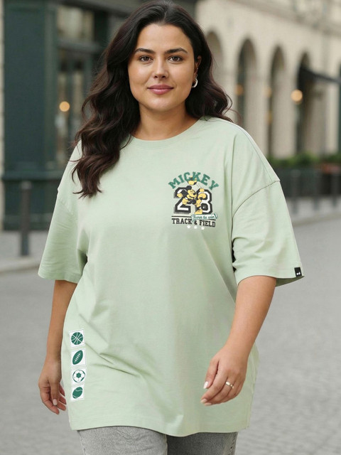 Bewakoof Plus Size Official Disney Merchandise Women Green Printed Oversized T-shirt