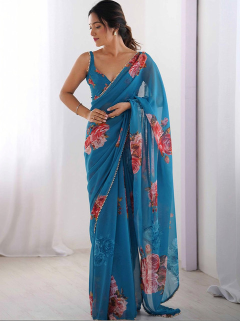 BlueRang Floral Beads and Stones Pure Georgette Designer Saree