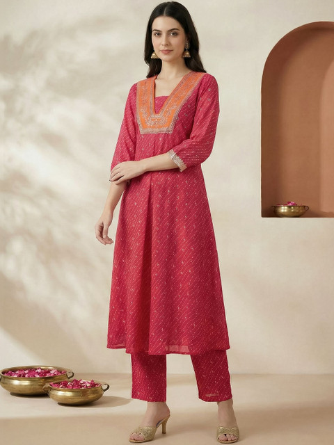 Indo Era Embroidered V-Neck Tunic & Trousers Co-Ords