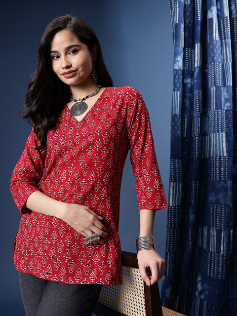 Taavi Pure Cotton Floral Printed V-Neck Ajrakh Crafted Kurti