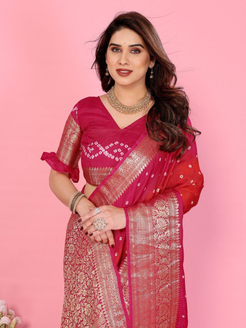 Taavi Jacquard Weave Silk Pure Zari Border Tie & Dye Saree