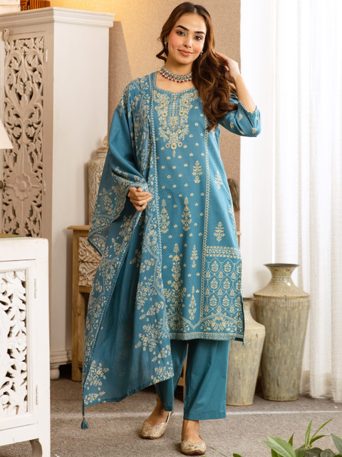 Sangria Printed Cotton Sweetheart Neck Kurta & Trousers with Dupatta