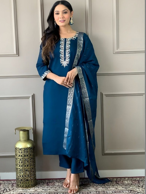 HERE&NOW Women Ethnic Motifs Embroidered Regular Thread Work Kurta with Trousers & With Dupatta