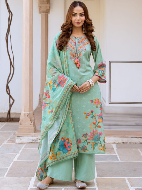 Sangria Printed Tie-Up Neck Straight Kurta & Palazzos With Dupatta