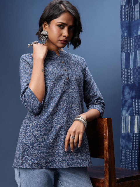 Taavi Floral Printed Mandarin Collar Pure Cotton Indigo Kurti