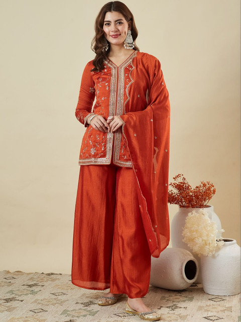 MOKOSH Women Ethnic Motifs Embroidered Regular Thread Work Art Silk Kurta with Palazzos & With Dupatta