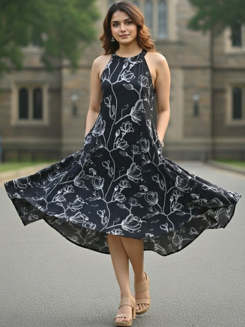 Varanga Floral Print Halter Neck A-Line Dress
