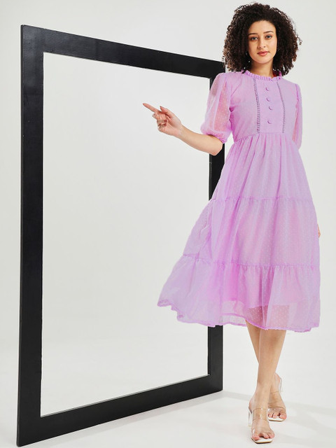 Ecolors Fab Self Design Puff Sleeve Georgette Fit & Flare Midi Dress