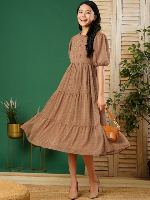Ecolors Fab Self Design Puff Sleeve Georgette Fit & Flare Midi Dress