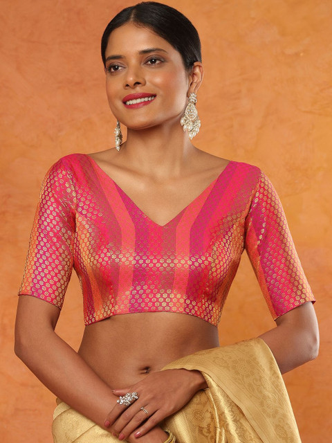 SALWAR STUDIO Multicolour Brocade V neck Elbow sleeves Readymade Saree Blouse
