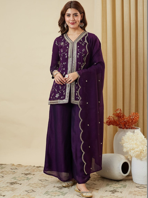 MOKOSH Women Ethnic Motifs Embroidered Regular Thread Work Art Silk Kurta with Palazzos & With Dupatta