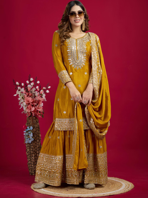 THE STORY OF SHARARA Women Ethnic Motifs Embroidered Regular Sequinned Kurta with Sharara & With Dupatta