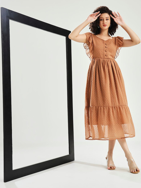 Ecolors Fab Flutter Sleeve Ruffled Georgette Fit & Flare Midi Dress