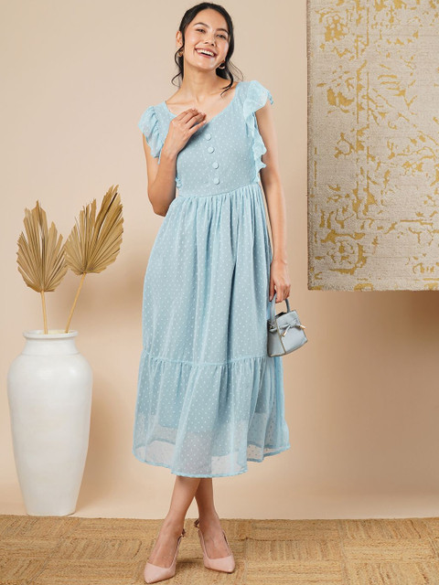 Ecolors Fab Polka Dot Print Flutter Sleeve Ruffled Georgette A-Line Midi Dress