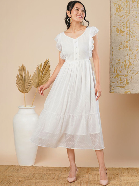 Ecolors Fab Flutter Sleeve Ruffled Georgette A-Line Midi Dress