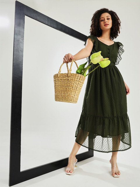 Ecolors Fab Flutter Sleeve Ruffled Georgette Fit & Flare Midi Dress