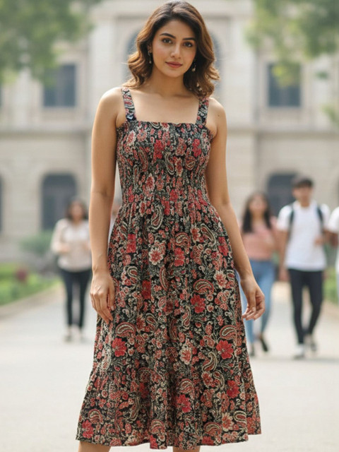Varanga Floral Print A-Line Midi Dress