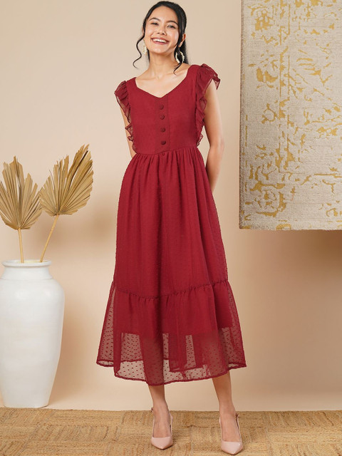 Ecolors Fab Flutter Sleeve Ruffled Georgette Fit & Flare Midi Dress