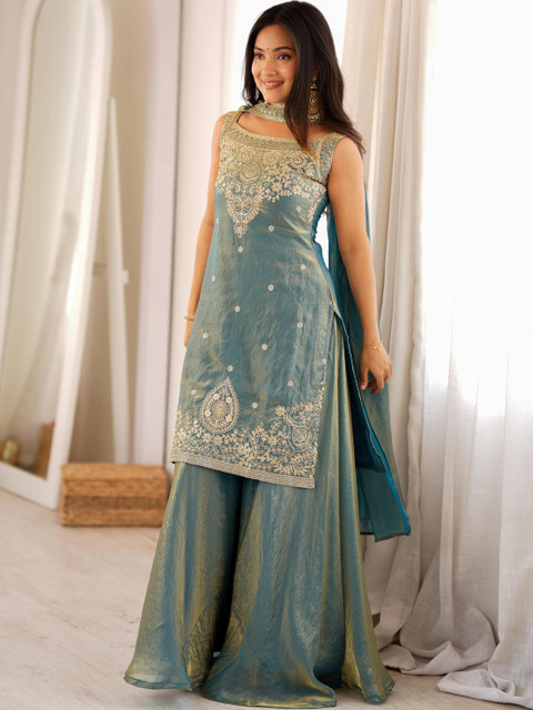 all about you Women Ethnic Motifs Embroidered Regular Thread Work Kurta with Sharara & With Dupatta - Image 3
