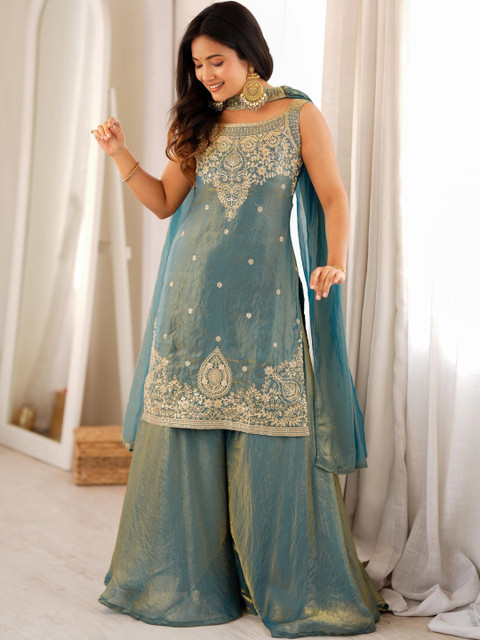 all about you Women Ethnic Motifs Embroidered Regular Thread Work Kurta with Sharara & With Dupatta - Image 4