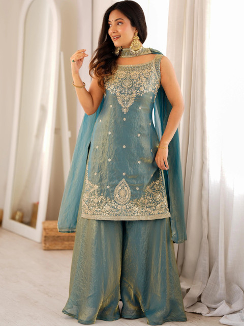 all about you Women Ethnic Motifs Embroidered Regular Thread Work Kurta with Sharara & With Dupatta