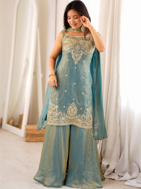 all about you Women Ethnic Motifs Embroidered Regular Thread Work Kurta with Sharara & With Dupatta - Image 6