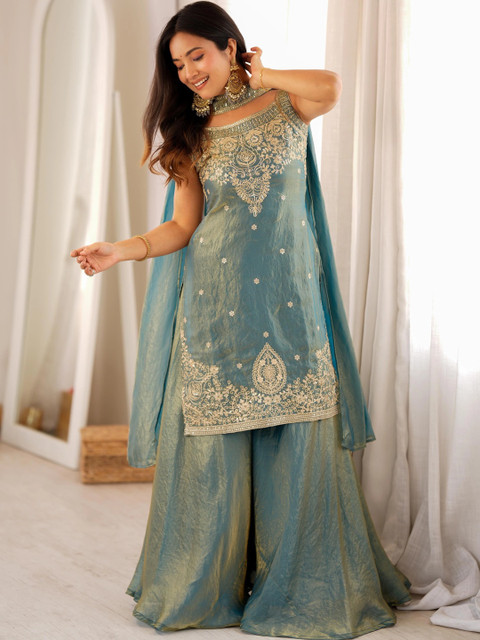 all about you Women Ethnic Motifs Embroidered Regular Thread Work Kurta with Sharara & With Dupatta - Image 2