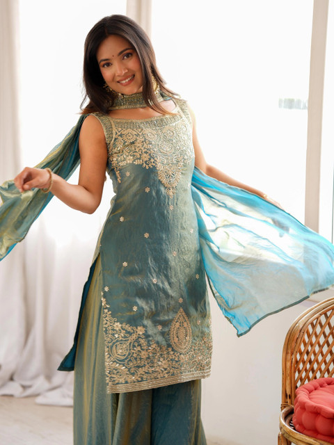 all about you Women Ethnic Motifs Embroidered Regular Thread Work Kurta with Sharara & With Dupatta - Image 5