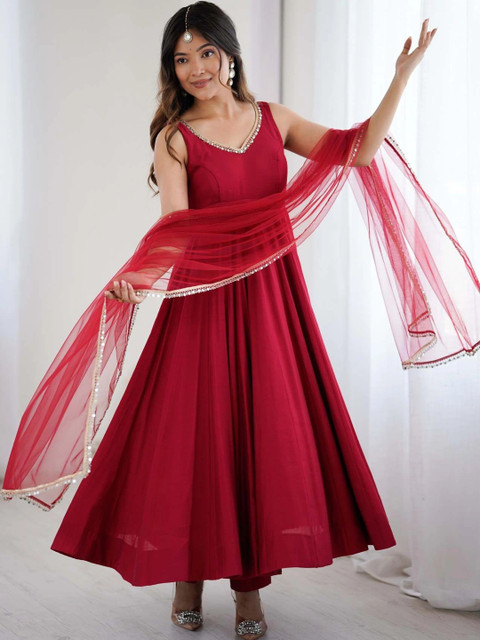 all about you Women Regular Gotta Patti Chanderi Silk Kurta with Trousers & With Dupatta